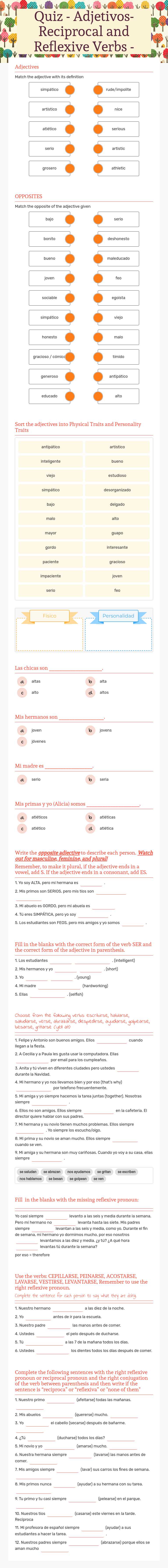 Quiz - Adjetivos- Reciprocal and Reflexive Verbs - worksheet preview image