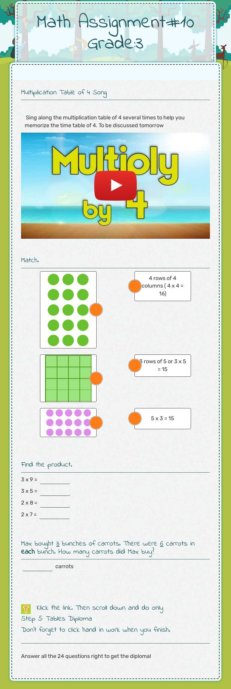 Math Assignment#10 Grade:3 worksheet preview