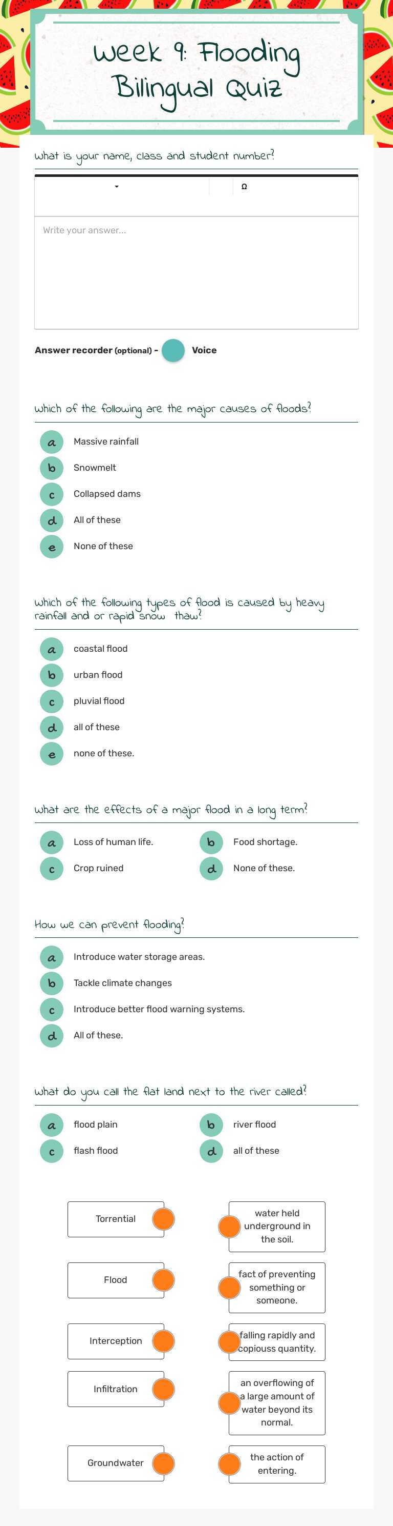 Week 9: Flooding  Bilingual Quiz worksheet preview