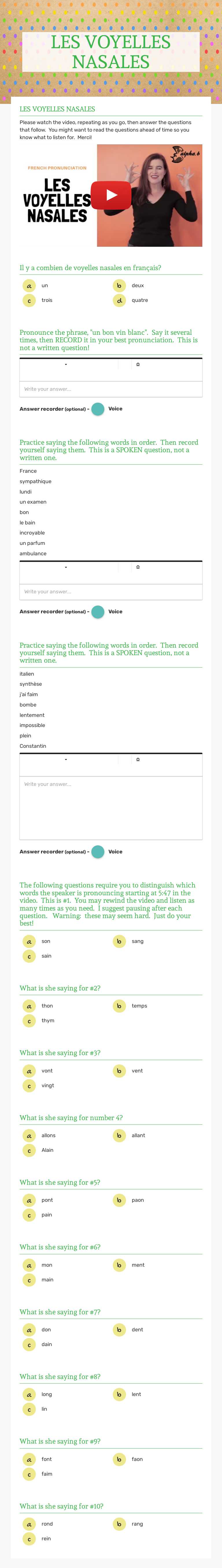 LES VOYELLES NASALES worksheet preview image