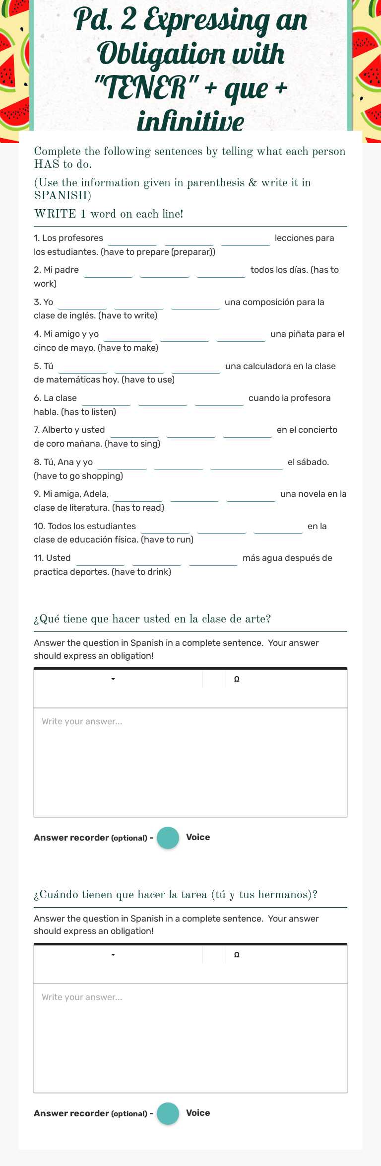 Pd. 2 Expressing an Obligation with "TENER" + que + infinitive worksheet preview image