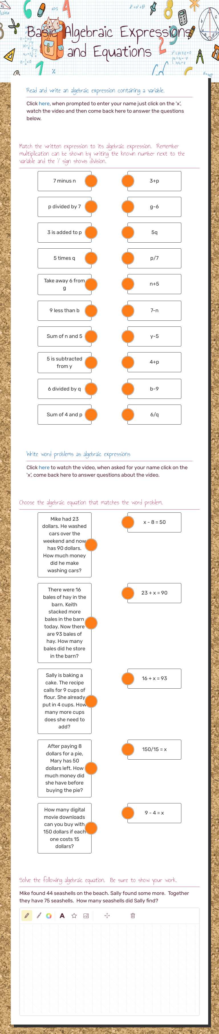 Basic Algebraic Expressions and Equations worksheet preview image
