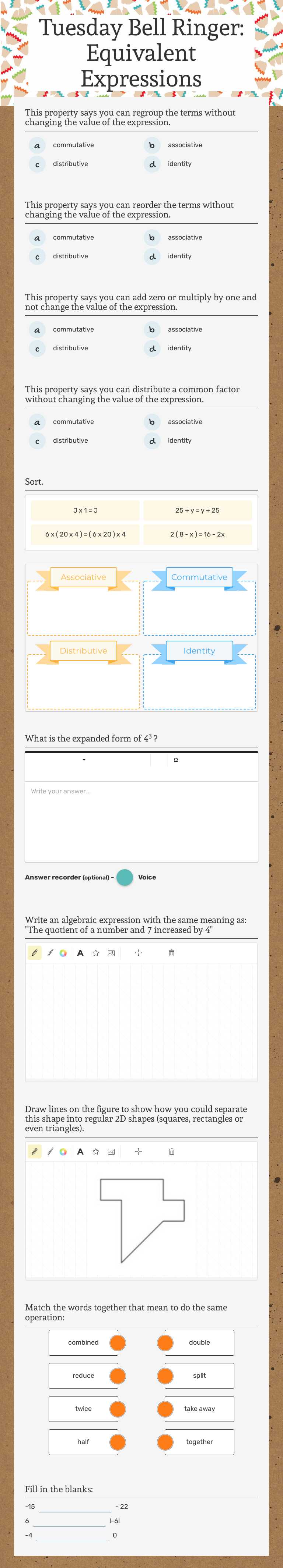 Tuesday Bell Ringer: Equivalent Expressions Grade 6 worksheet preview
