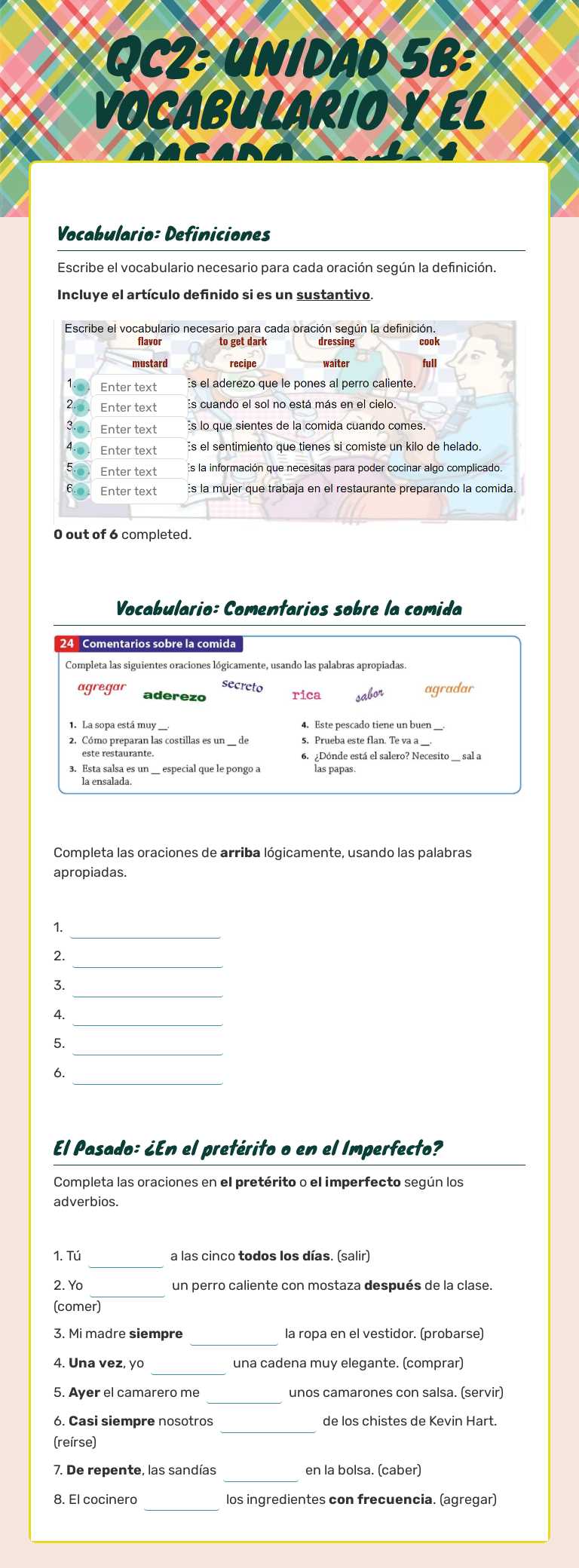 QC2: UNIDAD 5B: VOCABULARIO Y EL PASADO parte 1 worksheet preview image