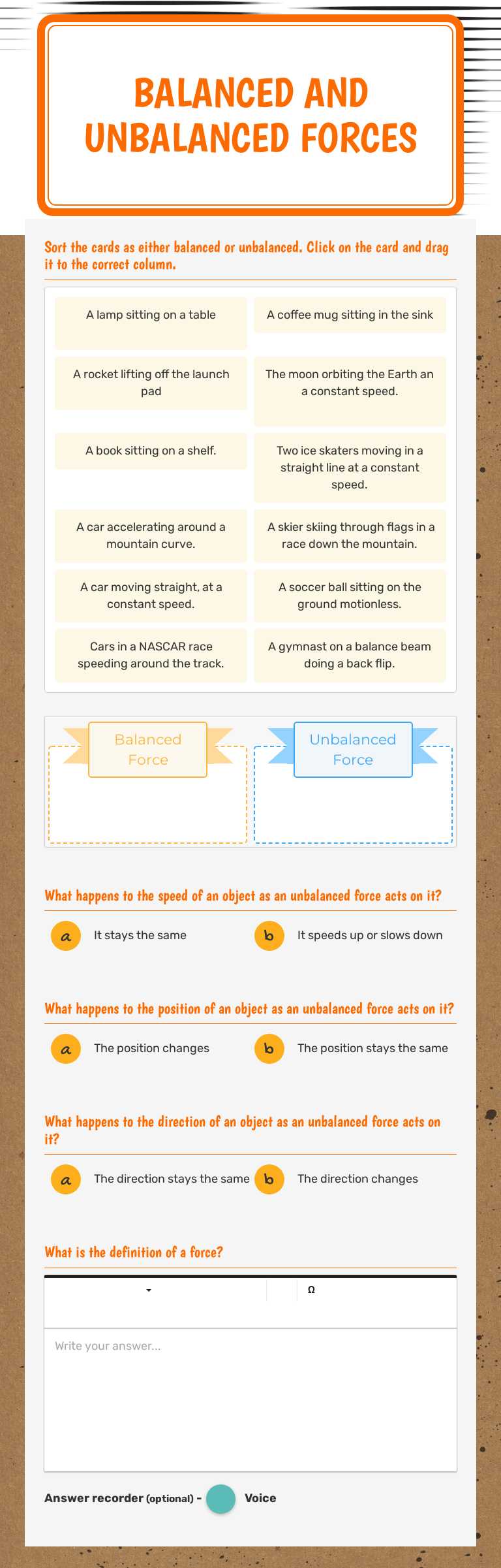Balanced and Unbalanced Forces worksheet preview image