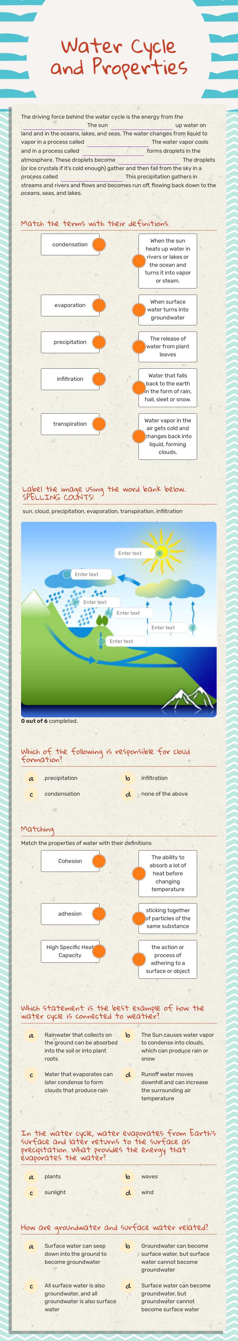 Water Cycle and Properties worksheet preview image