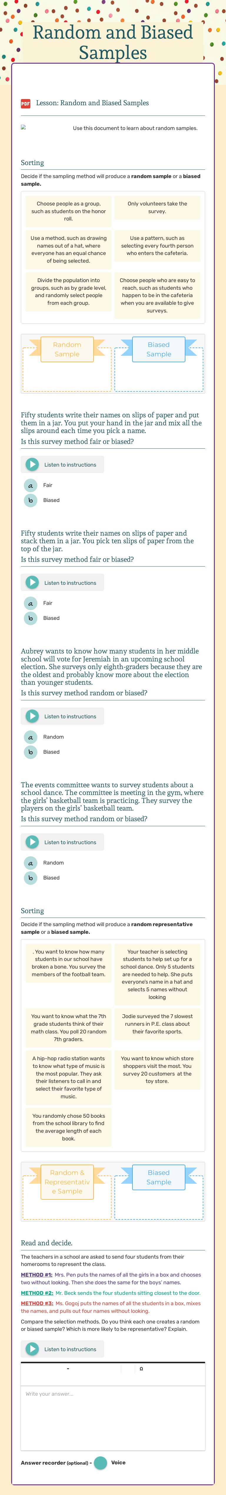 Random and Biased Samples worksheet preview image