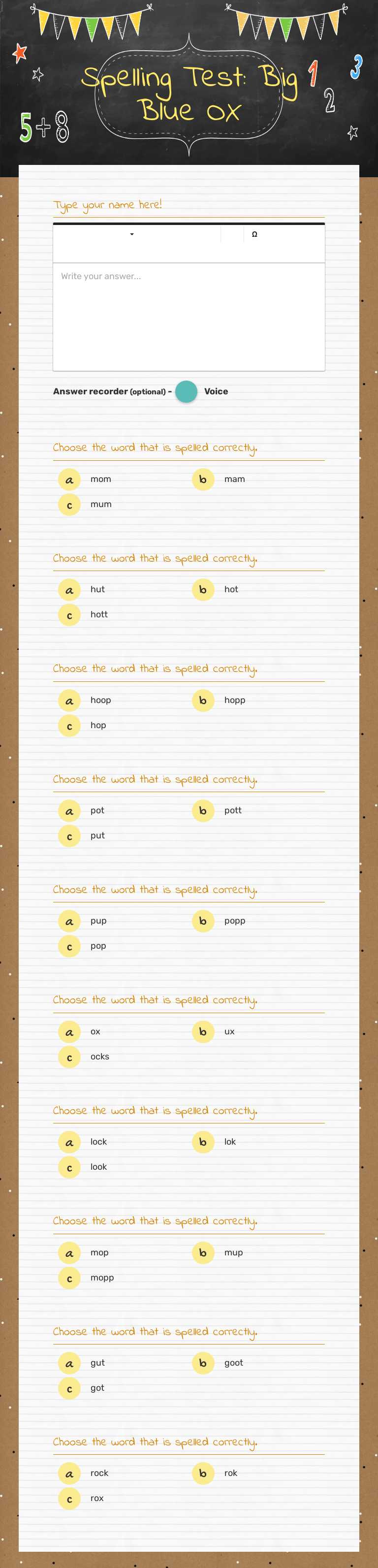 Spelling Test: Big Blue OX worksheet preview image