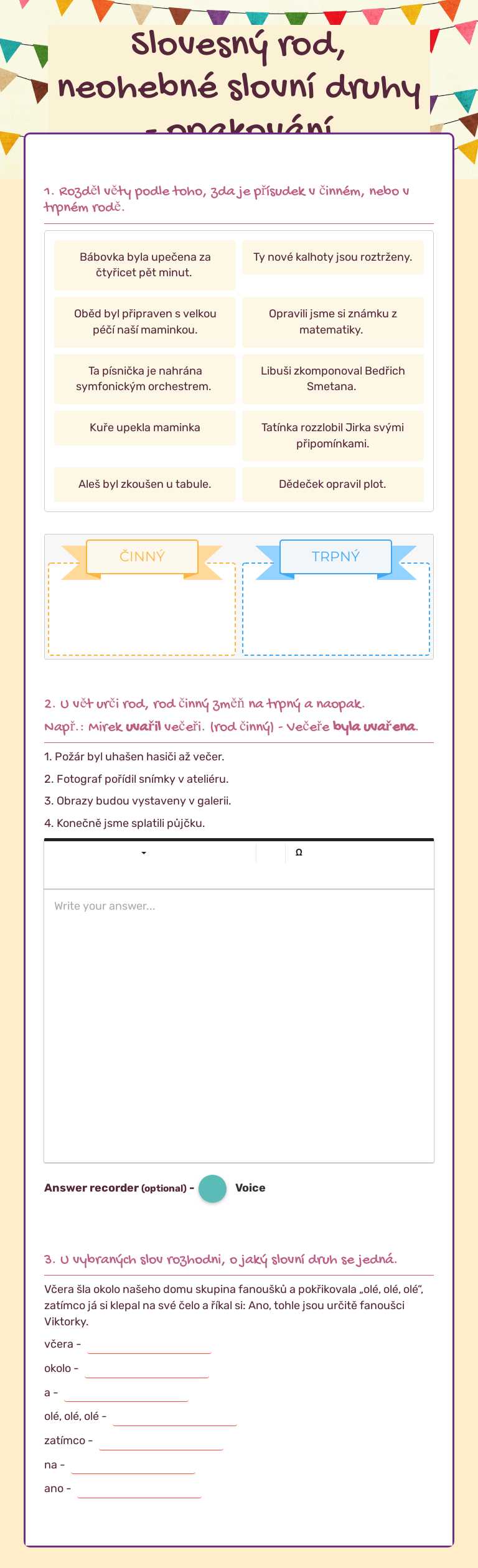 Slovesný rod, neohebné slovní druhy - opakování Grade 7 worksheet preview