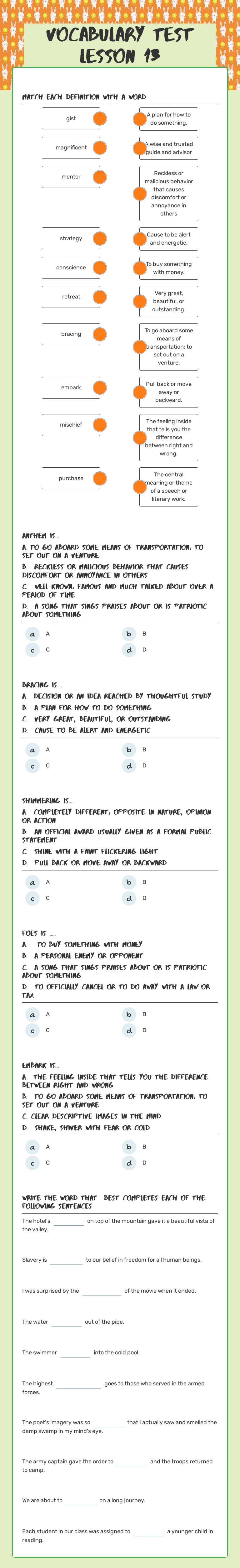 Vocabulary Test Lesson 13 worksheet preview image