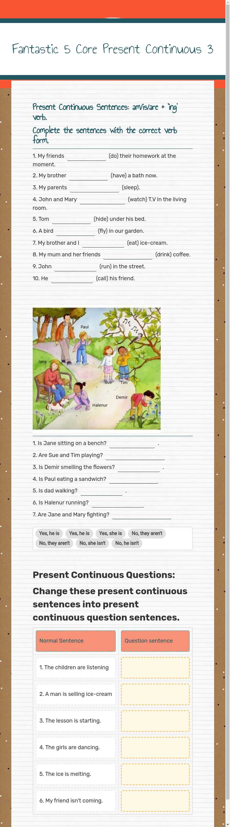 Fantastic 5 Core Present Continuous 3 worksheet preview image
