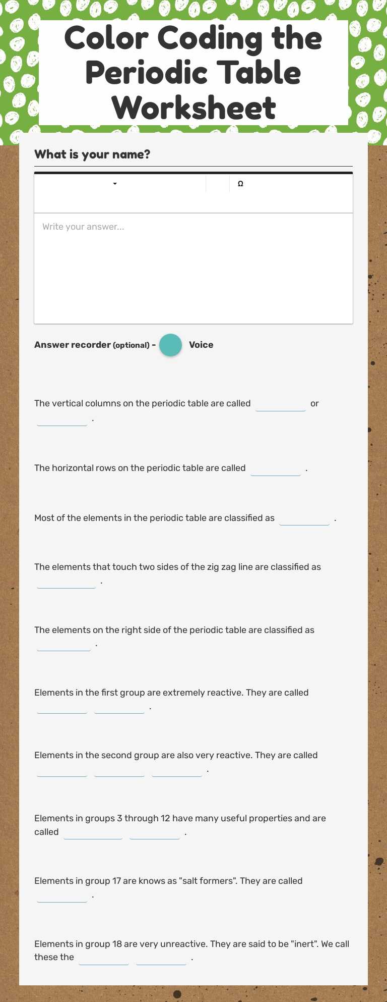 Color Coding the Periodic Table Worksheet worksheet preview image