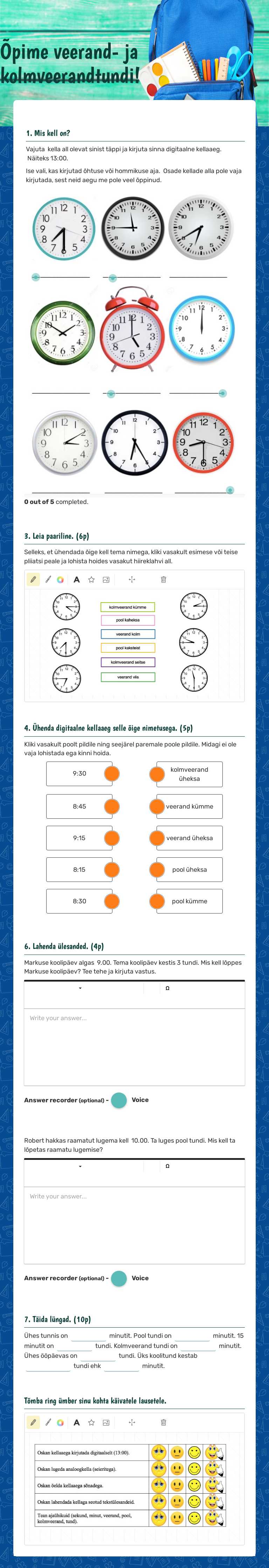 Õpime veerand- ja kolmveerandtundi! Grade 1 worksheet preview