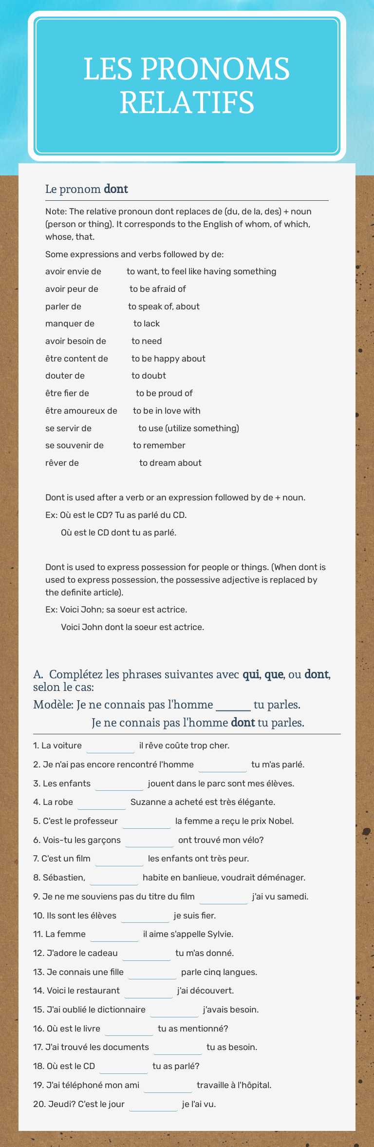 Les pronoms relatifs worksheet preview image