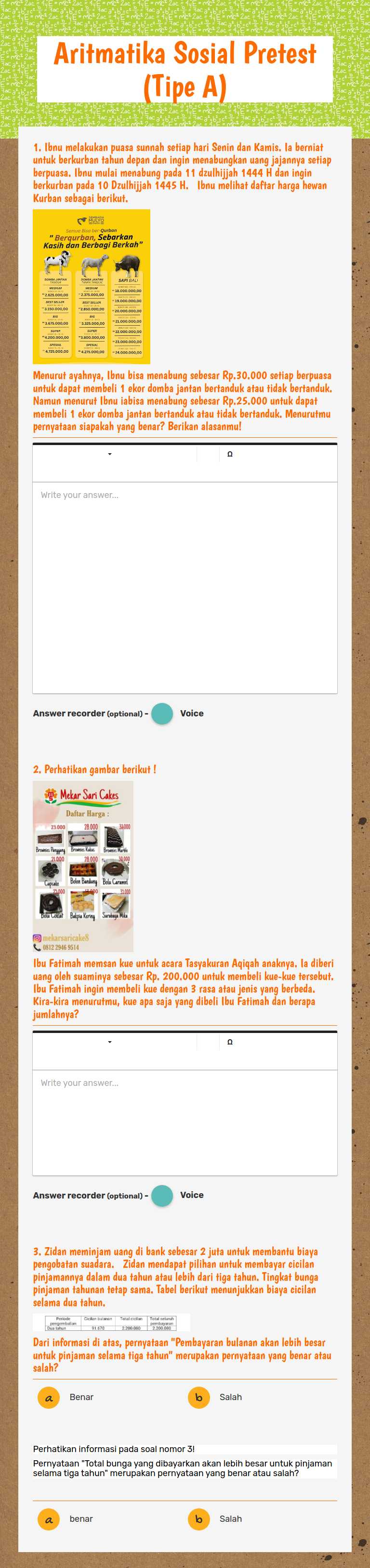 Aritmatika Sosial Pretest (Tipe A) worksheet preview image
