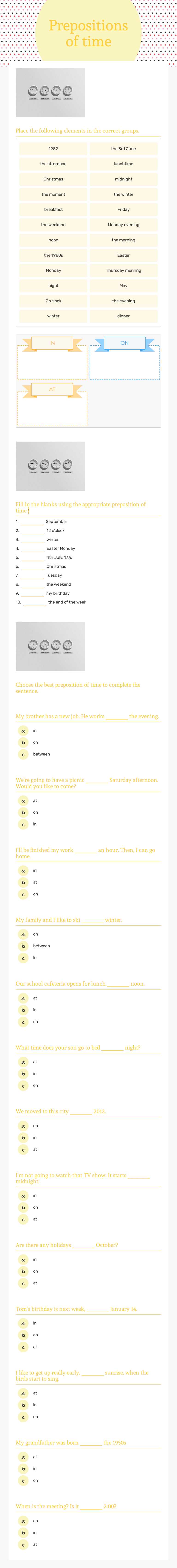 Prepositions of time Preschool worksheet preview