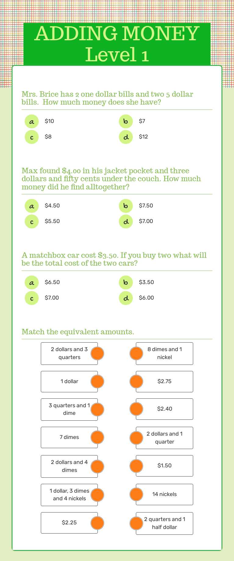 ADDING MONEY    Level 1 worksheet preview image