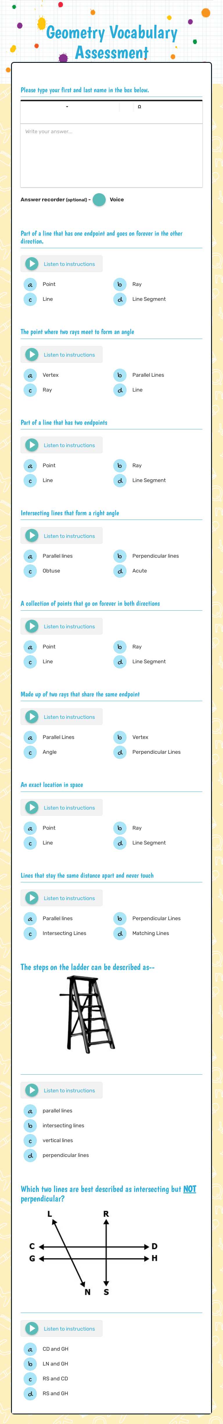 Geometry Vocabulary Assessment worksheet preview image