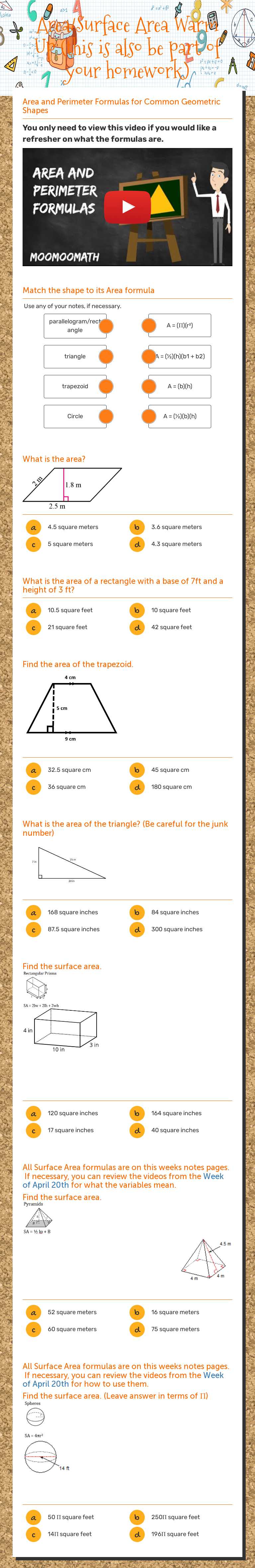 Area/Surface Area Warm Up (this is also be part of your homework) worksheet preview image