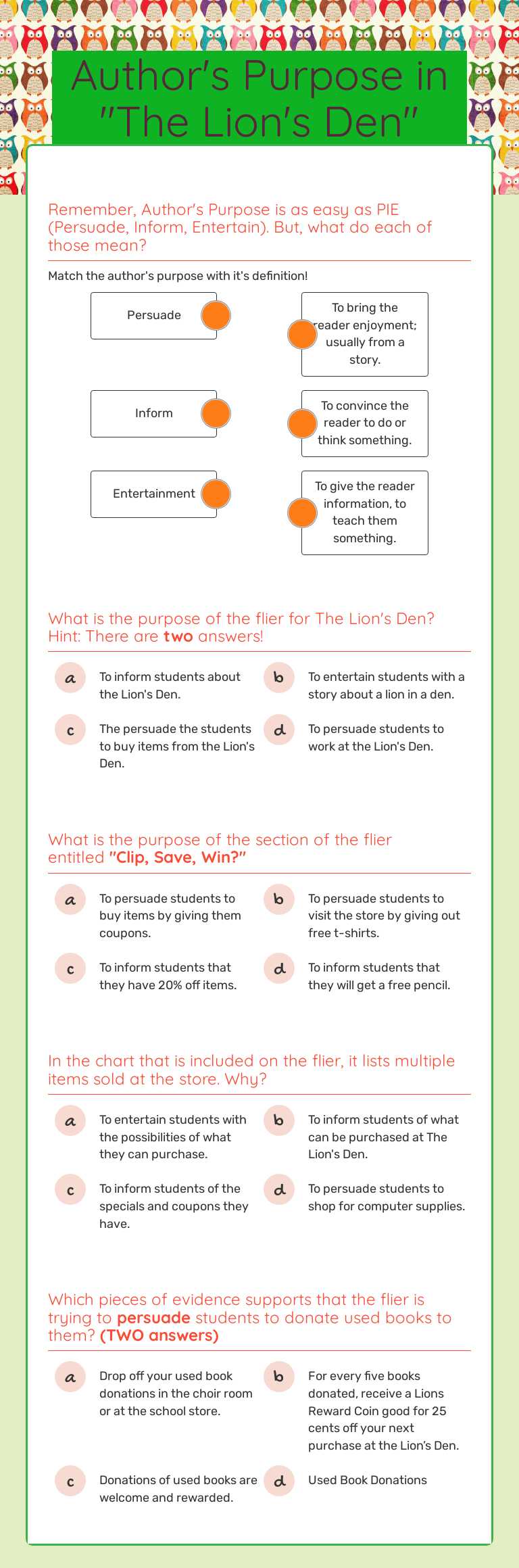Author's Purpose in  "The Lion's Den" Grade 6 worksheet preview