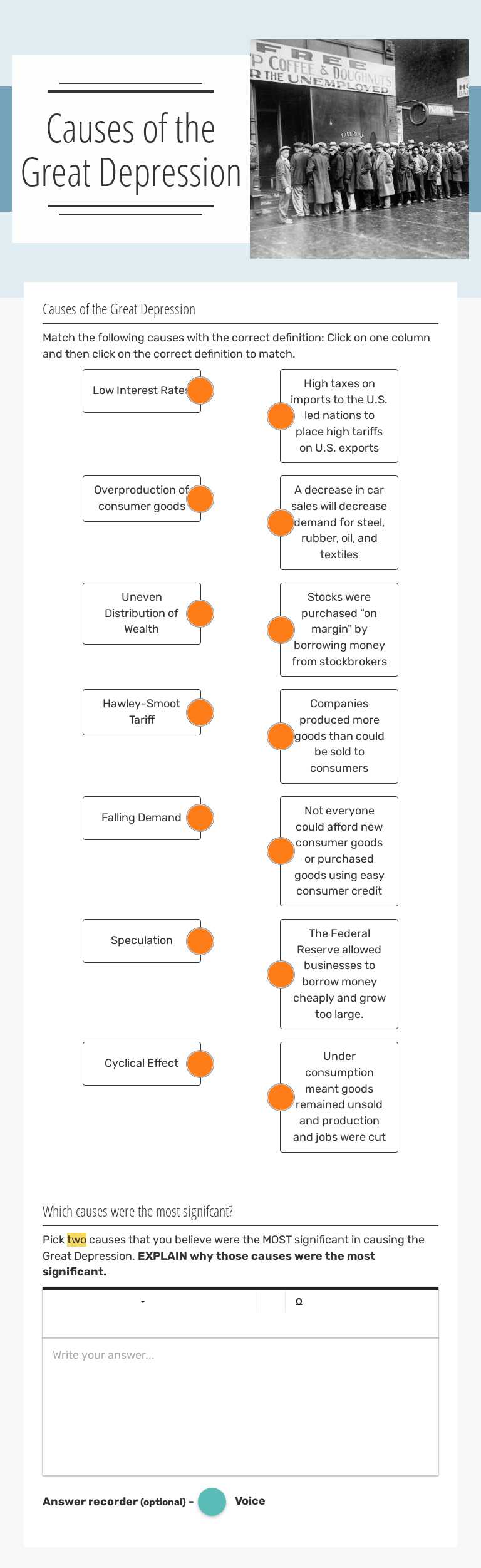Causes of the Great Depression worksheet preview image
