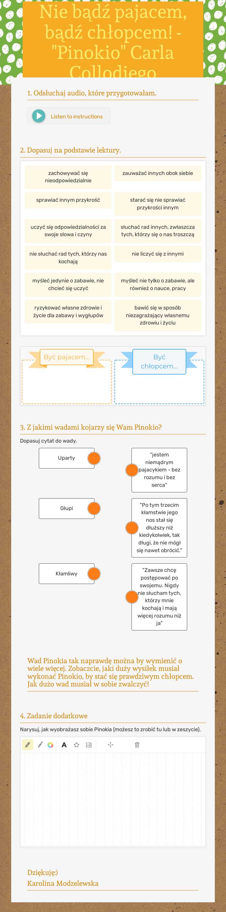 Nie bądź pajacem, bądź chłopcem! - "Pinokio" Carla Collodiego worksheet preview image