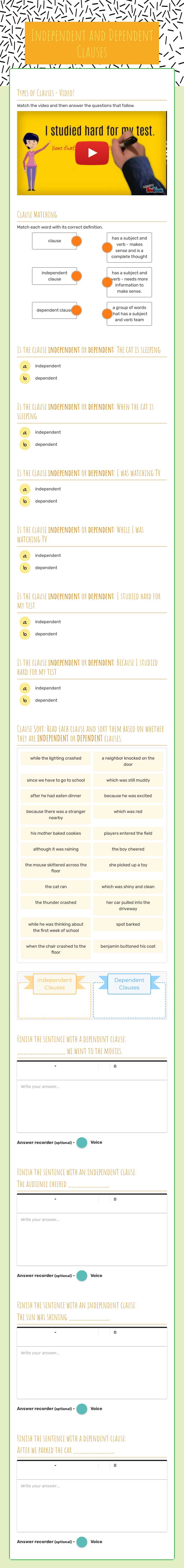 Independent and Dependent Clauses worksheet preview image