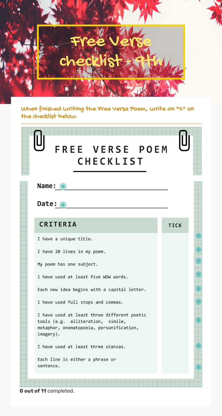 Free Verse checklist - 9th worksheet preview