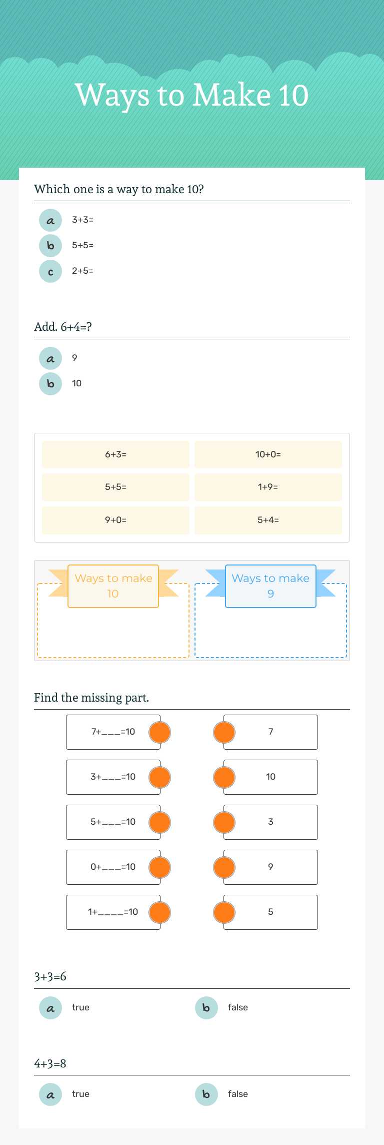 Ways to Make 10 Grade 1 worksheet preview