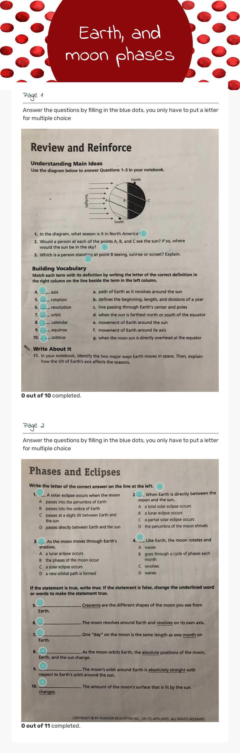 Earth, and moon phases worksheet preview image