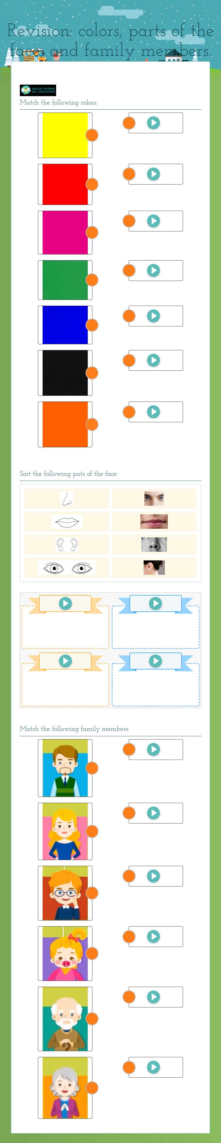 Revision: colors, parts of the face, and family members. worksheet preview image