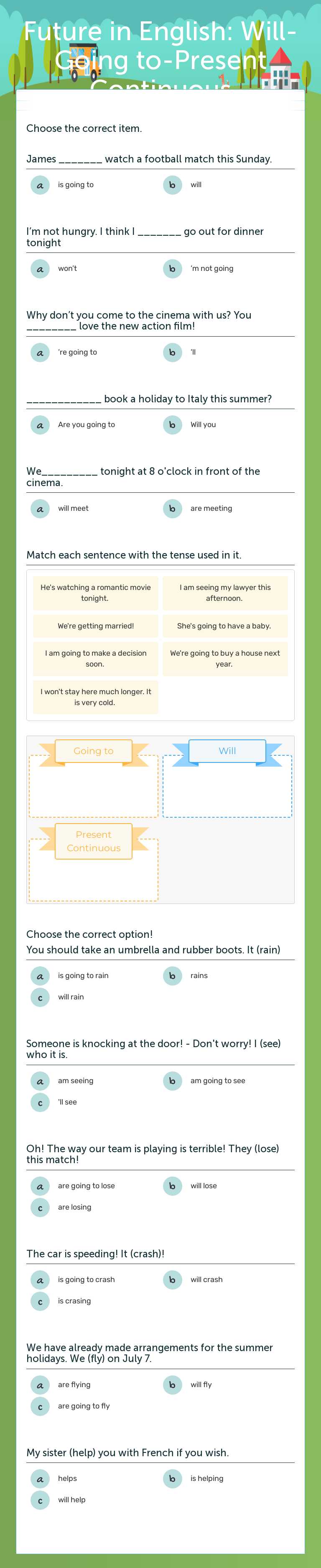 Future in English: Will-Going to-Present Continuous worksheet preview image