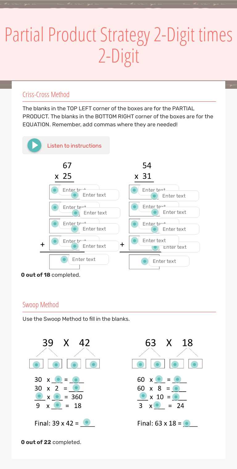 Partial Product Strategy
2-Digit times 2-Digit worksheet preview image