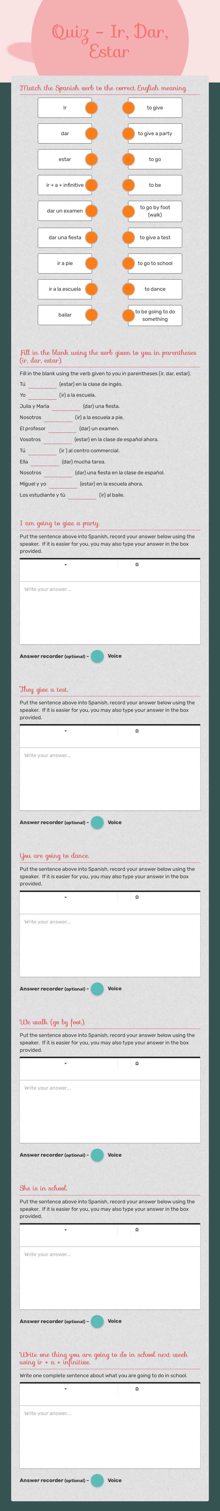 Quiz - Ir, Dar, Estar Grade 9 worksheet preview