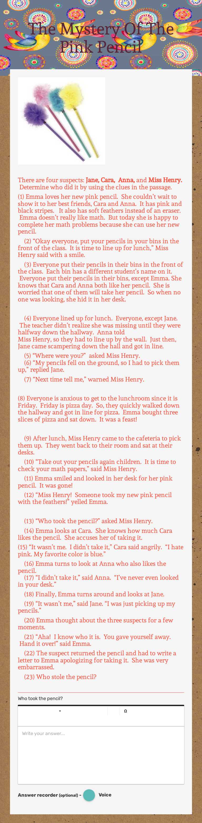 The Mystery Of The Pink Pencil worksheet preview image