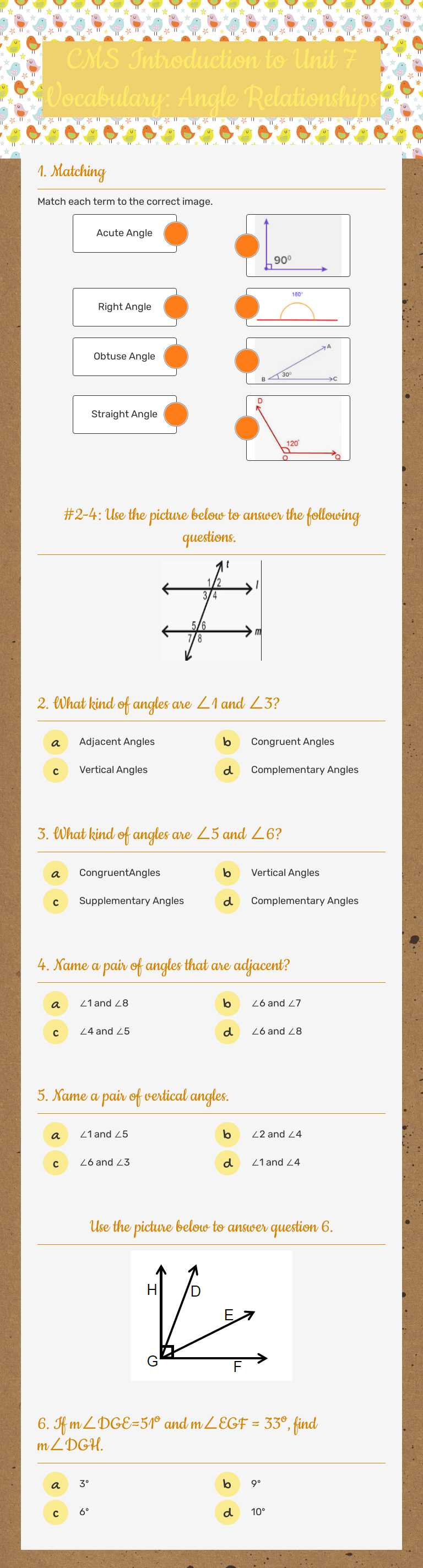 CMS Introduction to Unit 7 Vocabulary:    Angle Relationships worksheet preview image