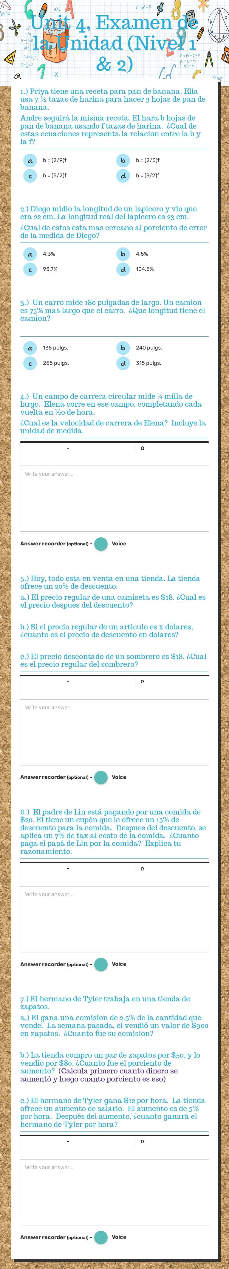 Unit 4, Examen de la Unidad (Nivel 1 & 2) worksheet preview image