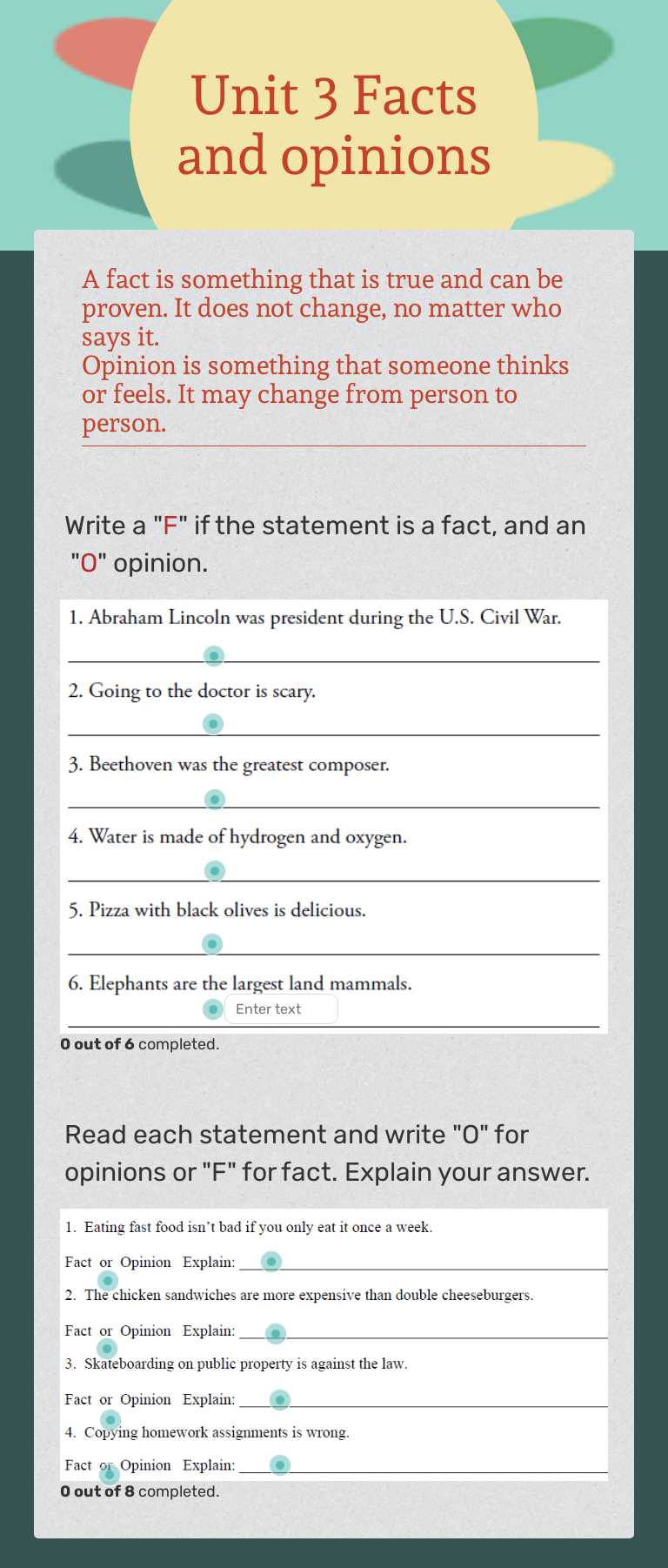 Unit 3 Facts and opinions worksheet preview image