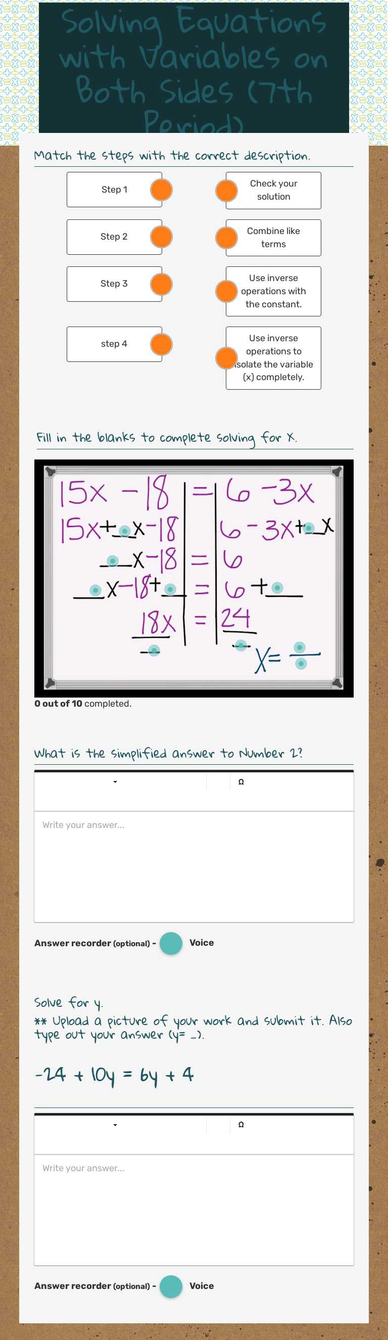 Solving Equations with Variables on Both Sides (7th Period) worksheet preview image