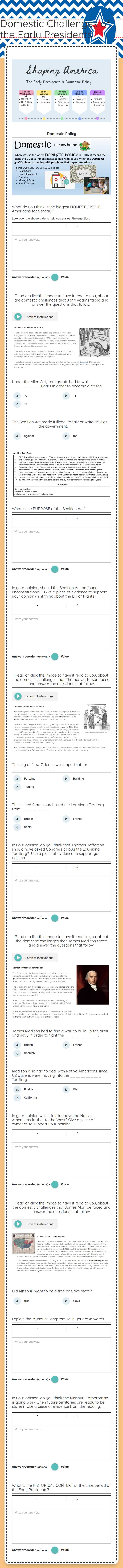 Domestic Challenges of the Early Presidents worksheet preview image