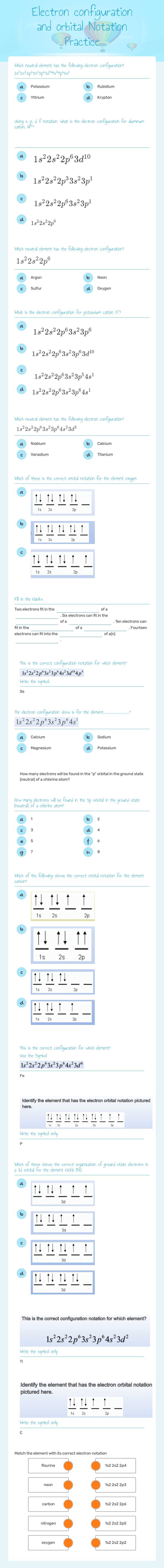 Electron configuration and orbital Notation Practice worksheet preview image
