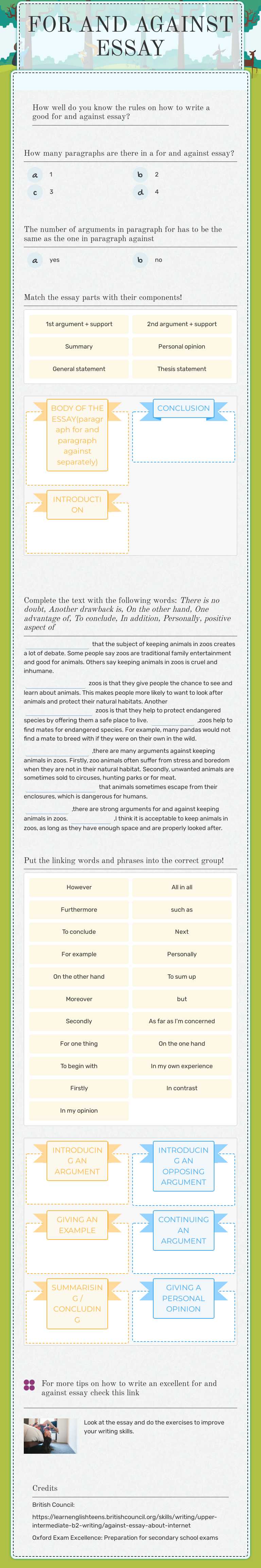 FOR AND AGAINST ESSAY Grade 11 worksheet preview