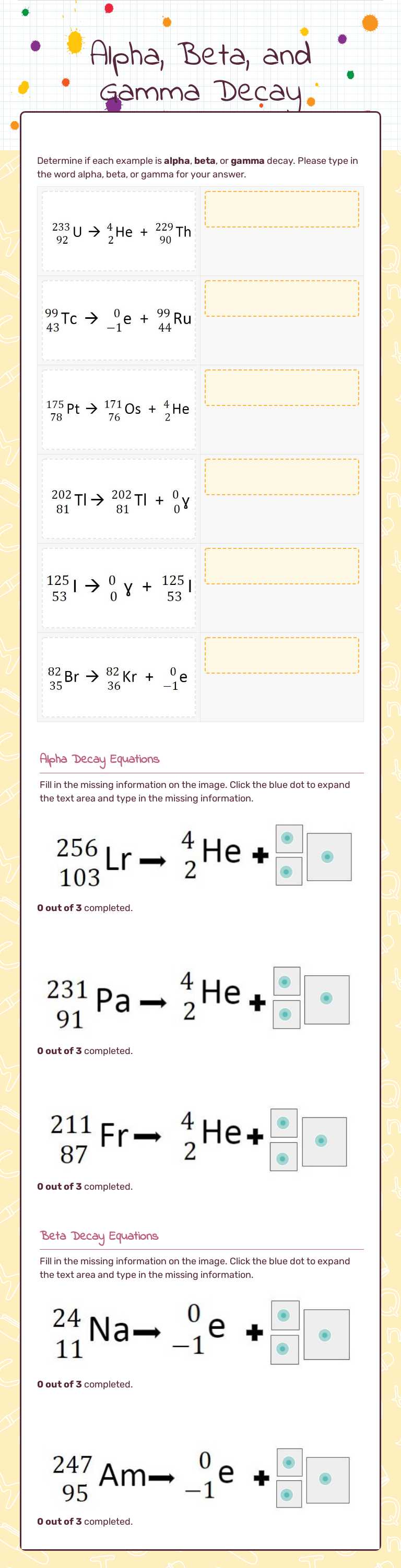 Alpha, Beta, and Gamma Decay worksheet preview image