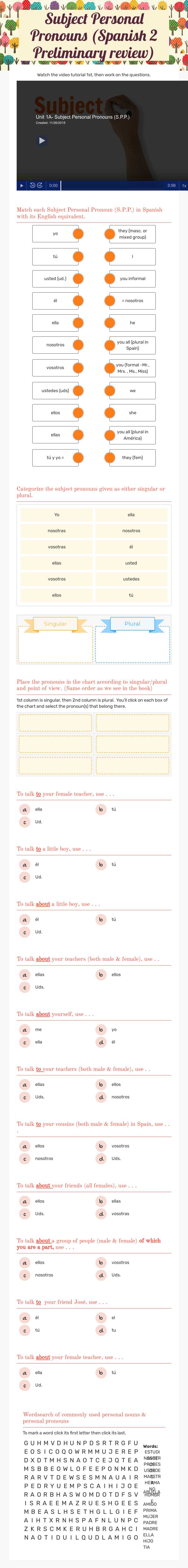 Subject Personal Pronouns (Spanish 2 Preliminary review) worksheet preview image