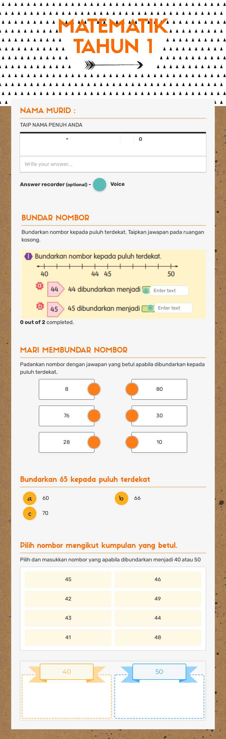 MATEMATIK TAHUN 1 worksheet preview image