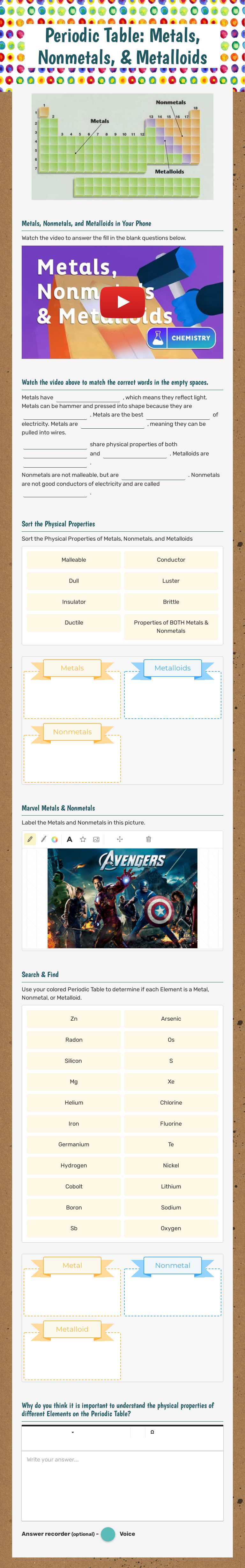 Periodic Table: Metals, Nonmetals, & Metalloids Grade 8 worksheet preview
