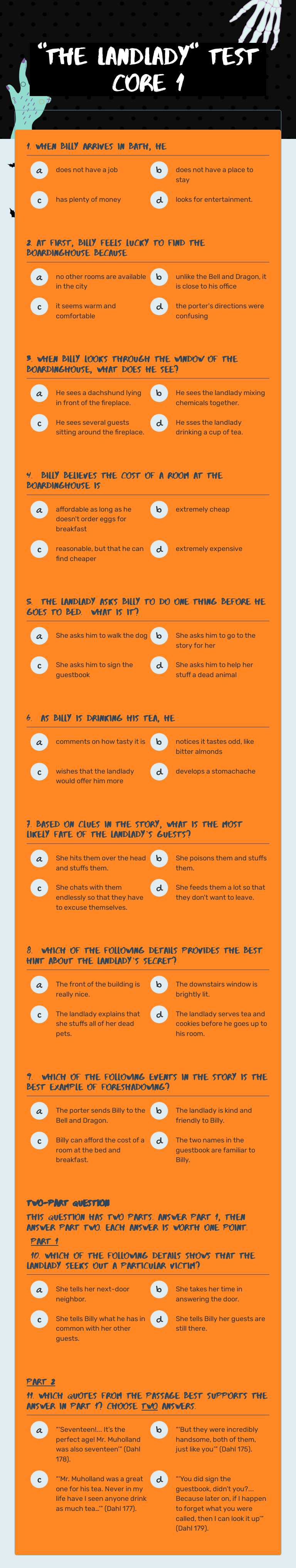 "The Landlady" Test Core 1 worksheet preview image