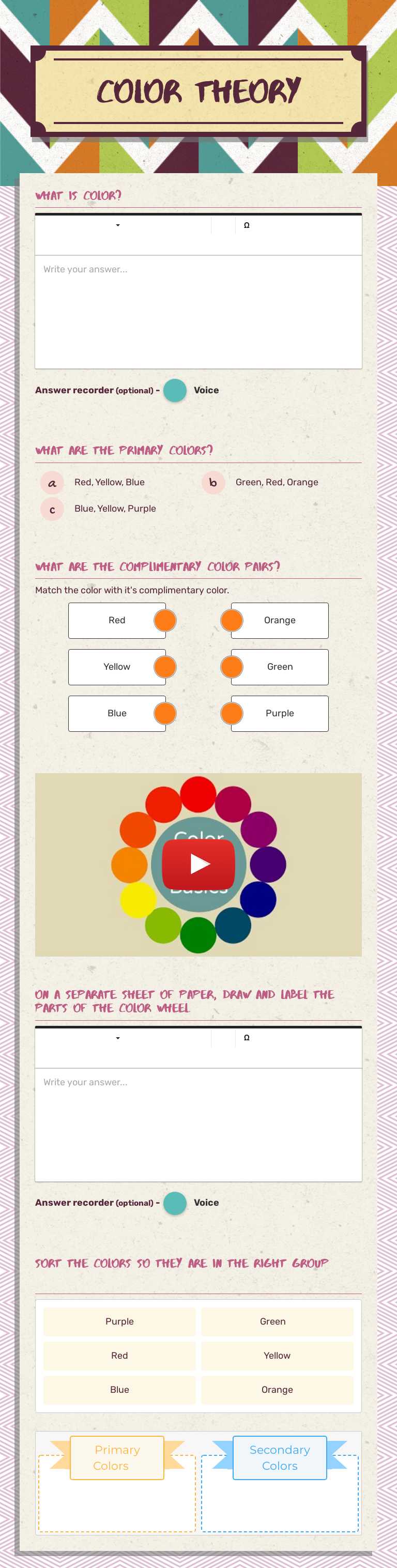 Color theory worksheet preview image