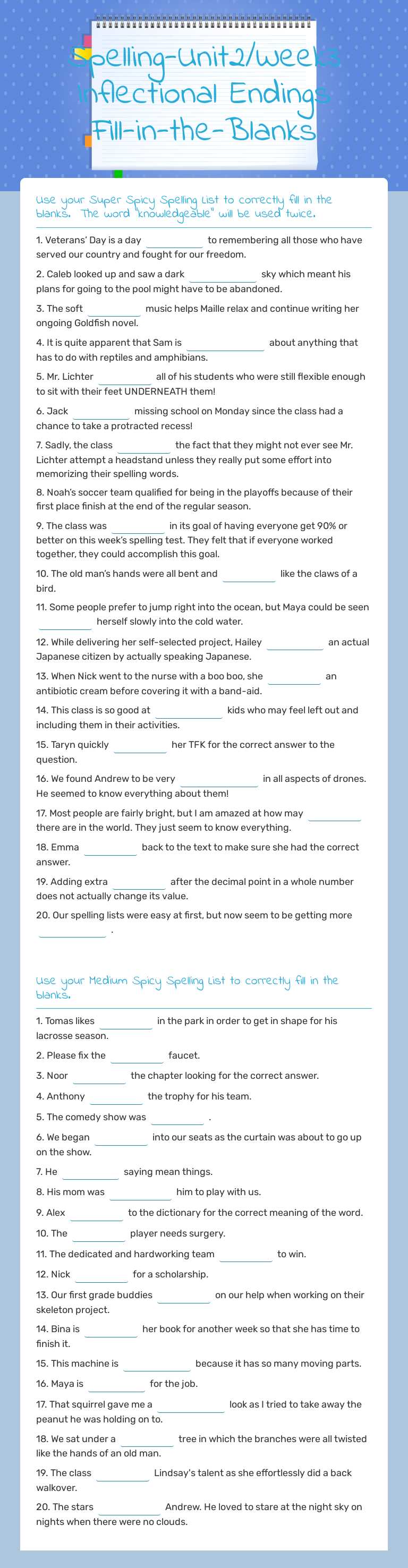 Spelling-Unit2/Week3  Inflectional Endings  Fill-in-the-Blanks worksheet preview image