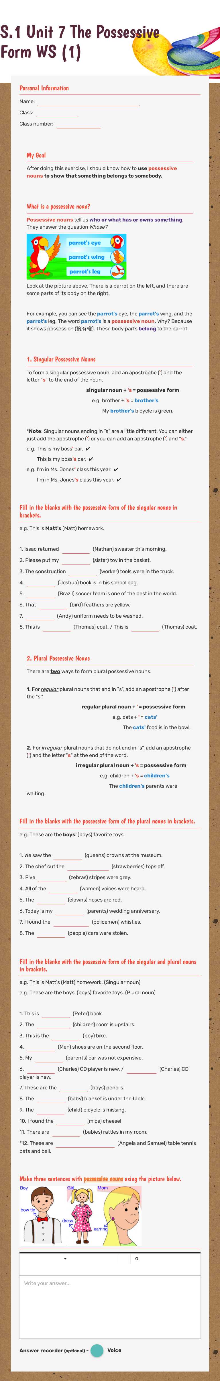 S.1 Unit 7 The Possessive Form WS (1) worksheet preview image